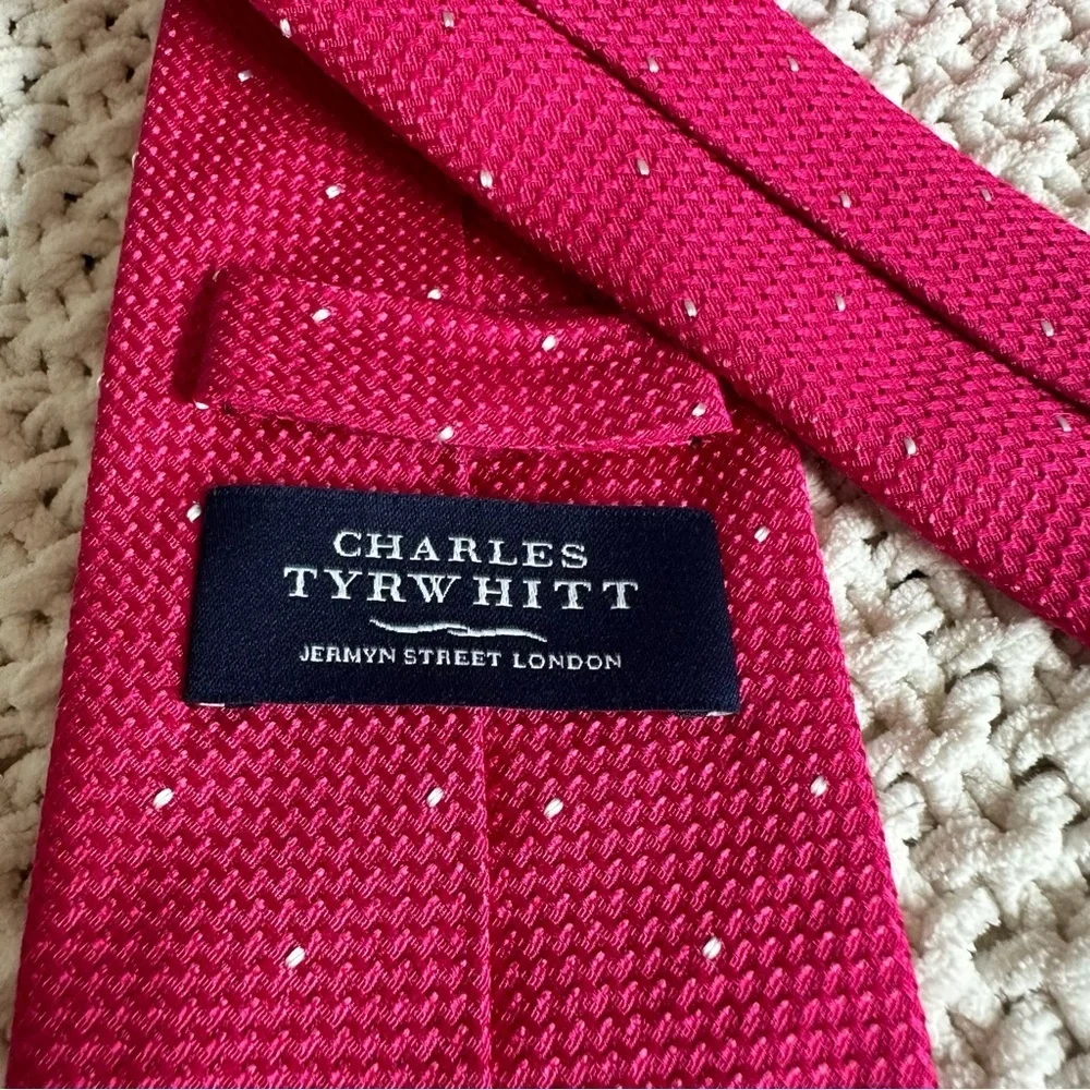 CHARLES TYRWHITT Spot Tie Pink & White Woven 100% Silk Tie Men’s London Trendy